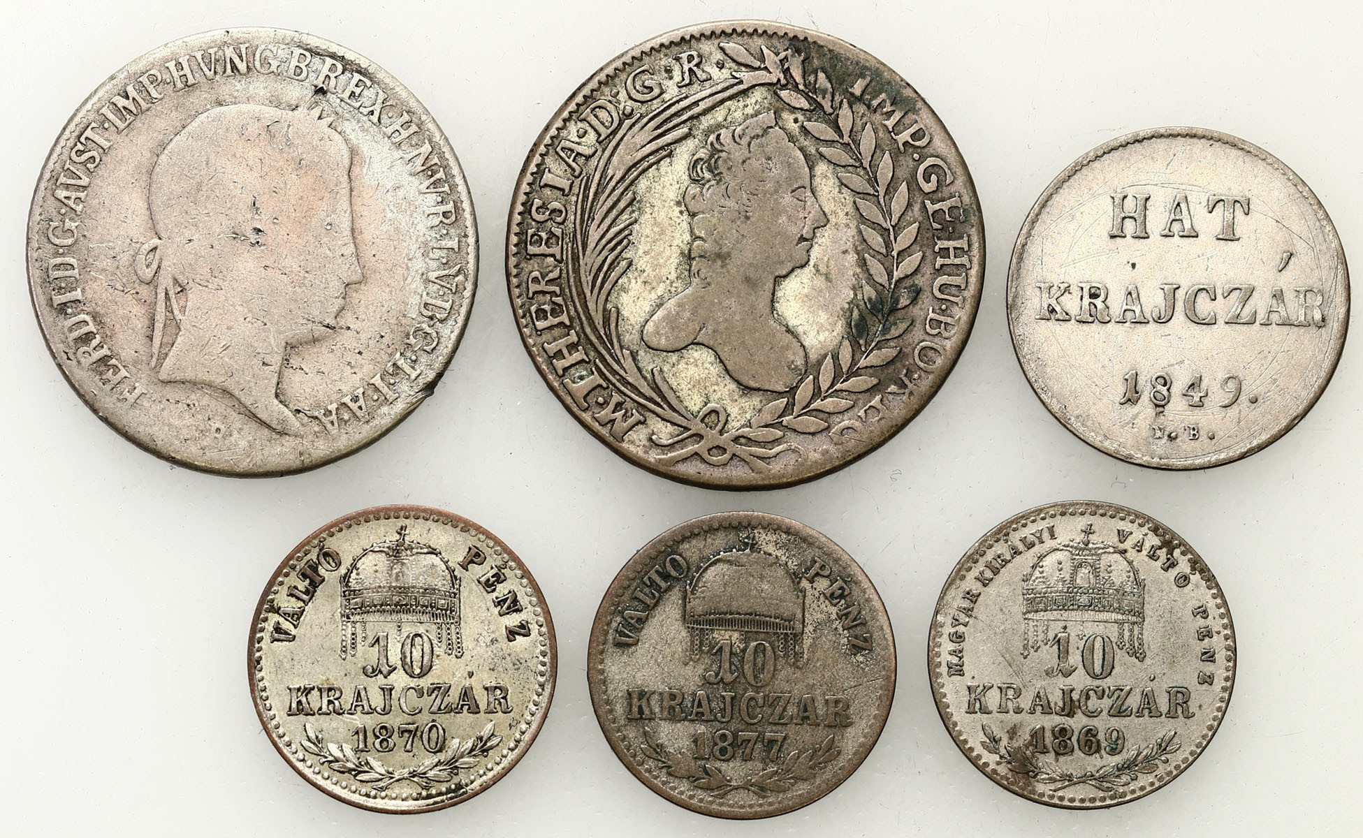 Węgry. 20 krajcarów 1765, 1840, 6 krajcarów 1848, 10 krajcarów 1870-1877, zestaw 6 monet